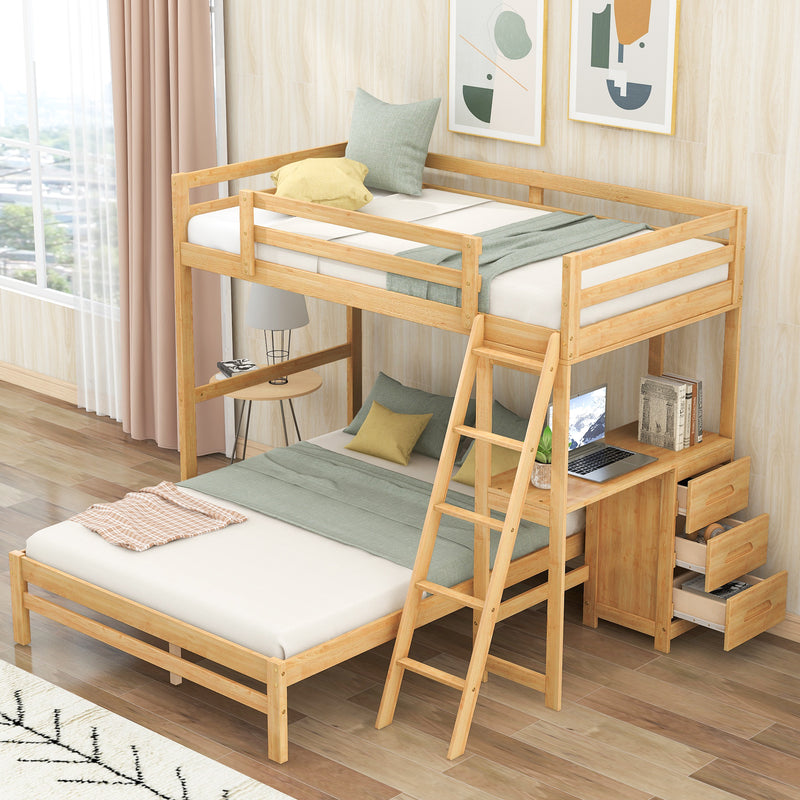 Twin over Full Bunk Bed with Built-in Desk and Three Drawers,Natural