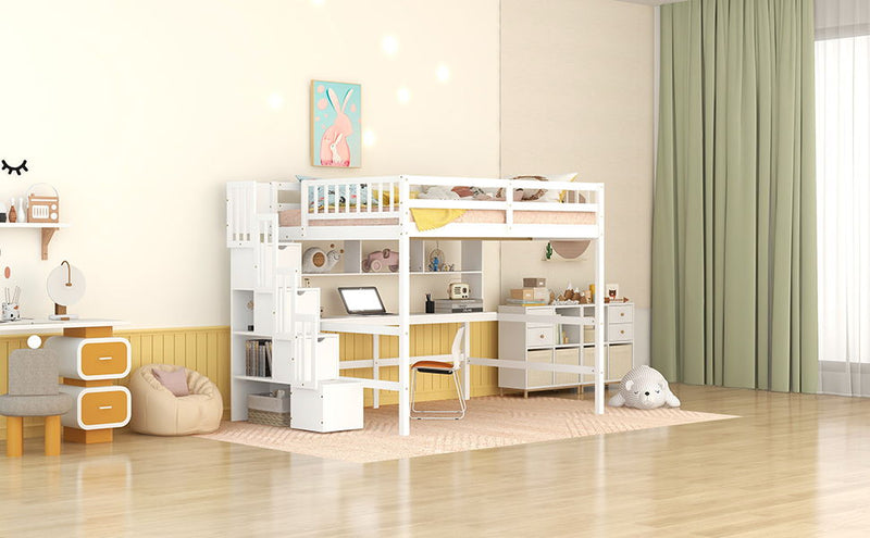 Full Size Loft Bed With Built-In Desk, Bookshelves And Storage Staircase - White