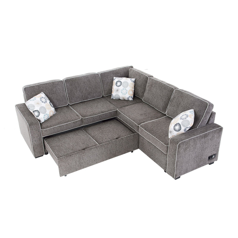 L-Shaped Pull Out Sofa Bed Modern Convertible Sleeper Sofa With 2 USB Ports, 2 Power Sockets, 3 Pillows For Living Room - Gray