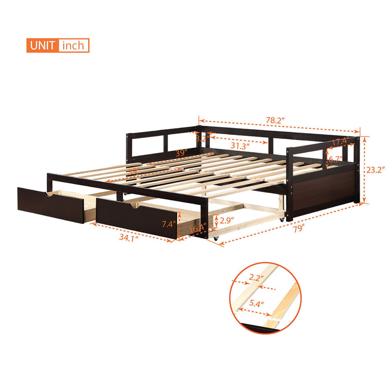 Wooden Daybed With Trundle Bed And Two Storage Drawers, Extendable Bed Daybed, Sofa Bed For Bedroom Living Room - Espresso