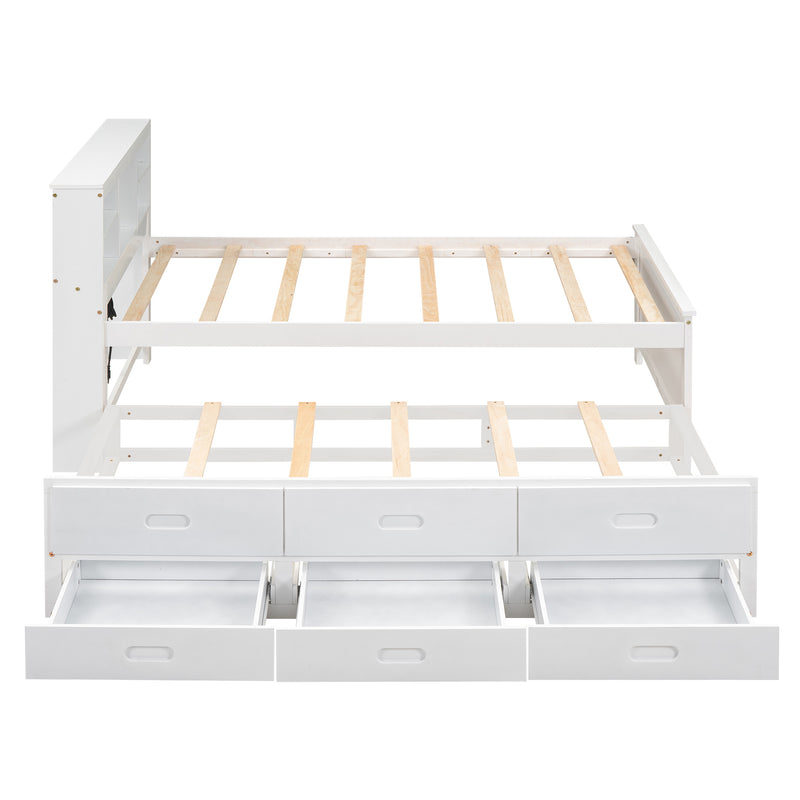 Twin Size Platform Bed with Storage Headboard, USB, Twin Size Trundle and 3 Drawers, White