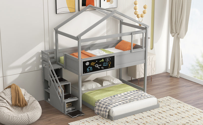 Twin over Full House Bunk Bed with Storage Staircase and Blackboard,Gray(Old SKU: GX001701AAE)