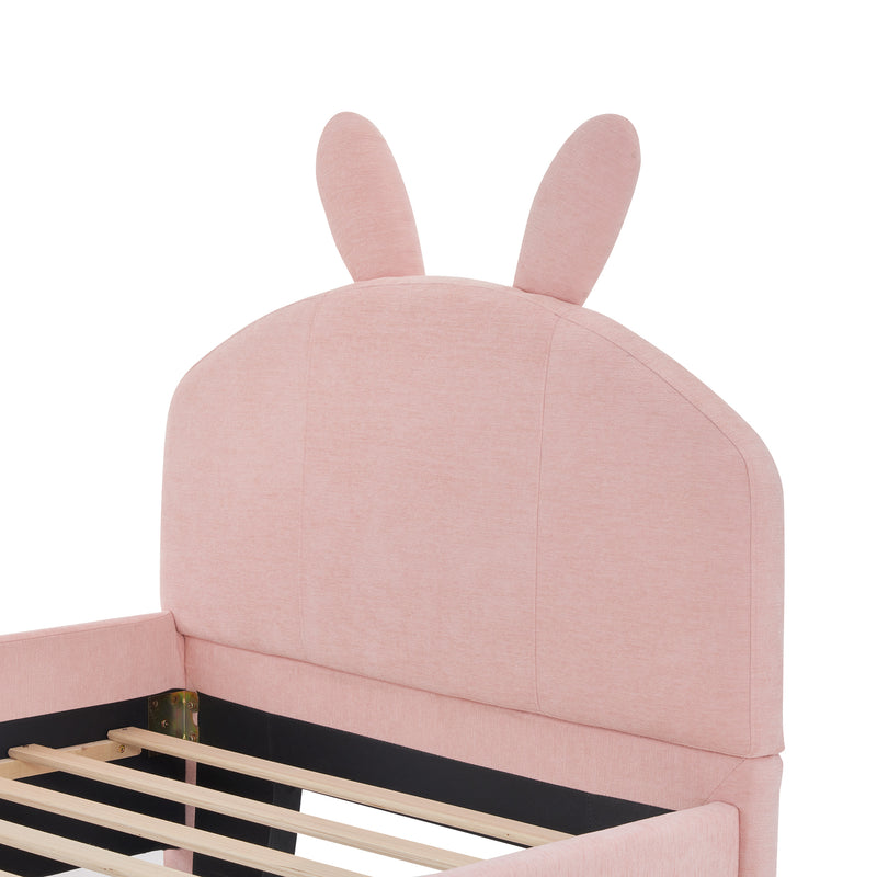 Twin Size Upholstered Platform Bed with Cartoon Ears Shaped Headboard and Trundle, Pink