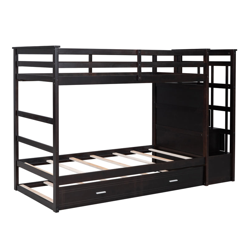 Twin Over Twin Bunk Bed with Trundle and Staircase,Espresso(OLD SKU:LT000068AAP)