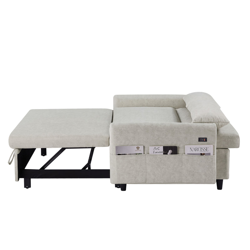 Pull Out Sleep Sofa Bed Loveseats Sofa Couch With Adjsutable Backrest, Storage Pockets, 2 Soft Pillows, USB Ports For Living Room