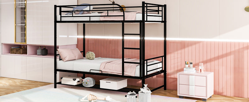 Twin Over Twin Metal Bunk Bed with Shelf and Guardrails, Black