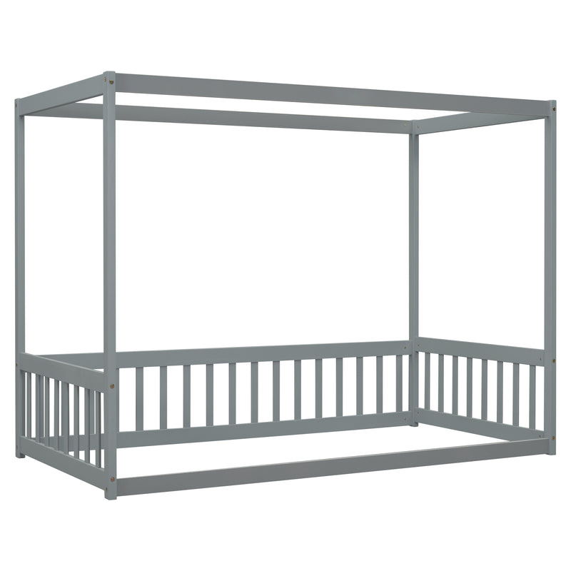 Twin Size Canopy Frame Floor Bed with Fence, Guardrails,Grey