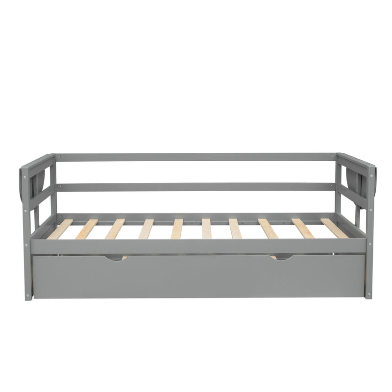 Twin Size Daybed with Trundle and Foldable Shelves on Both Sides,Gray