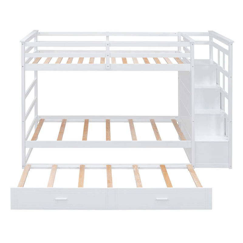 Twin Over Twin Bunk Bed With Trundle And Staircase - White