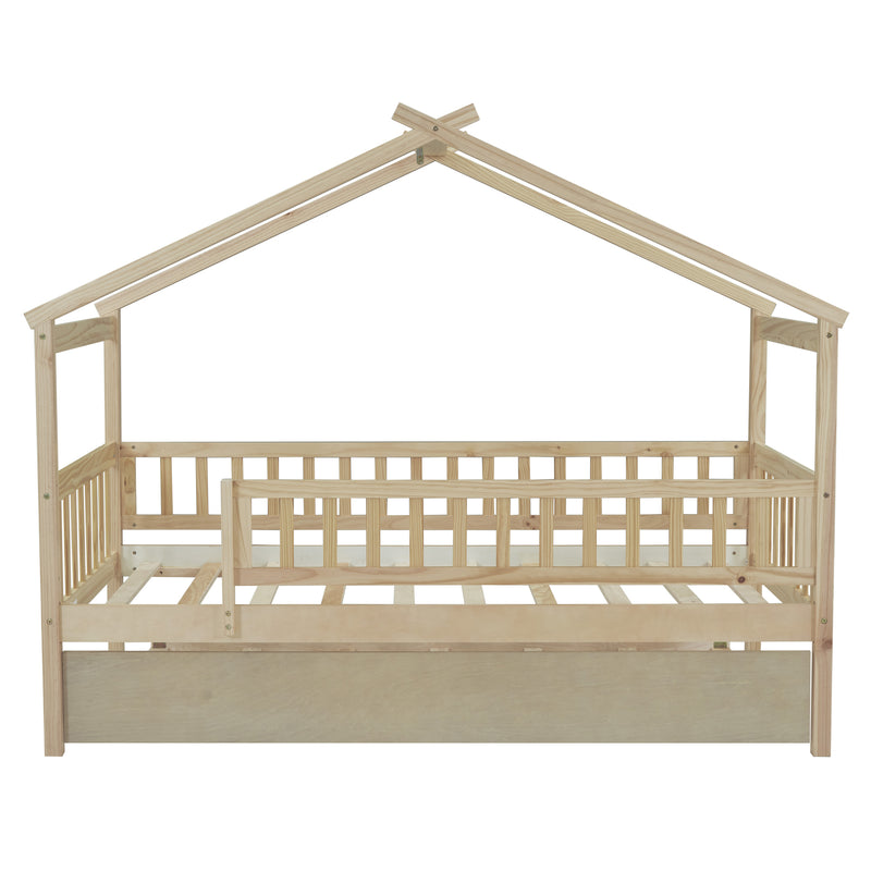 Twin Size Wooden House Bed with Twin Size Trundle, Natural