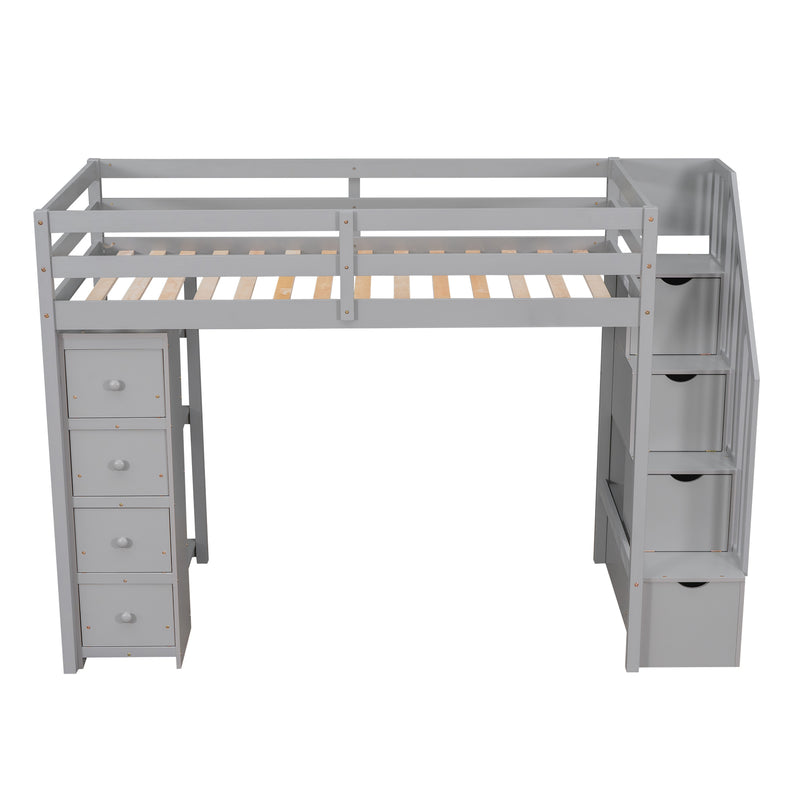 Twin size Loft Bed with Storage Drawers and Stairs, Wooden Loft Bed with Shelves - Gray