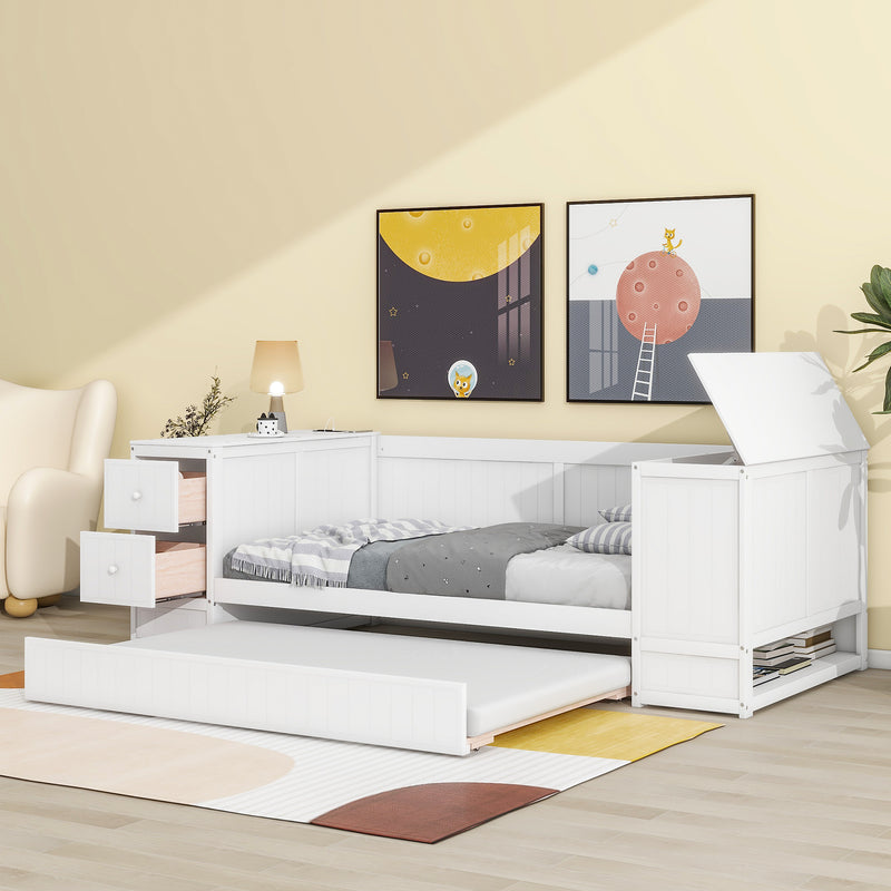 Twin Size Daybed with Storage Arms, Trundle and Charging Station, White