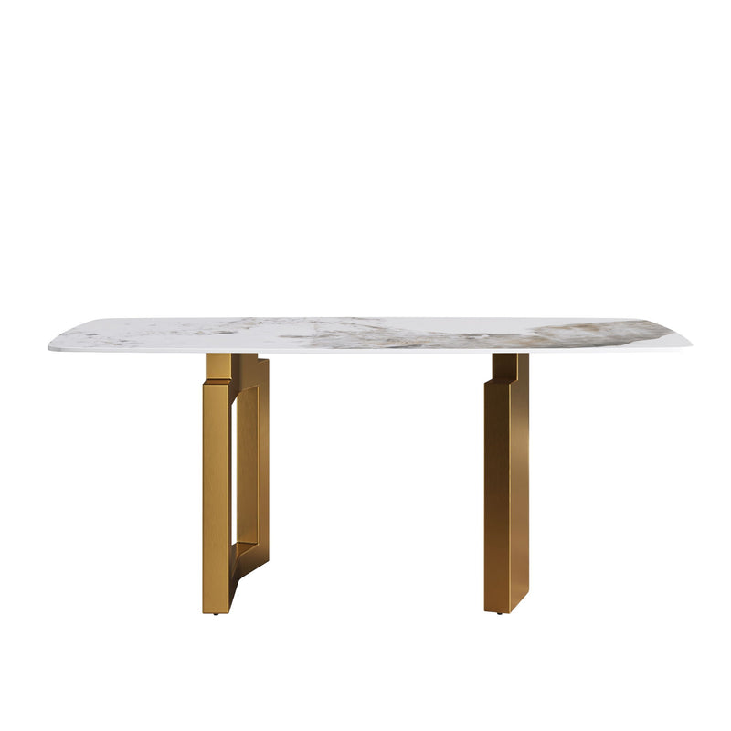 70.87" Artificial Stone Pandora White Curved Golden Metal Leg Dining Table, Can Accommodate 6-8 People - Antique White / Gold