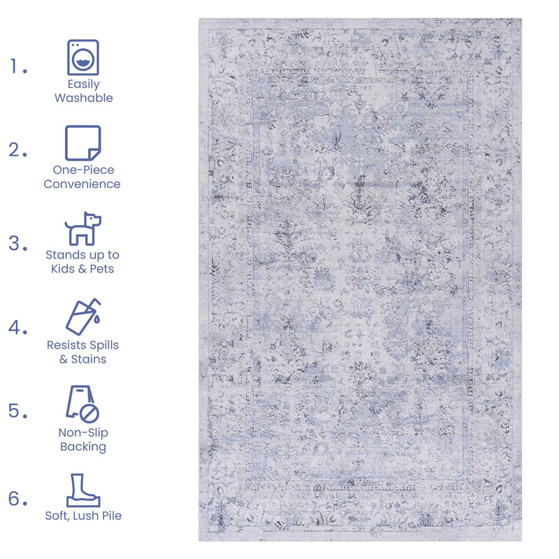 2'6'' X 10' Area Rug, Washable Rug, Low-Pile, Non-Slip, Non-Shedding, Foldable, Kid & Pet Friendly Area Rugs For Living Room, Bedroom, Kitchen, Dining Room Rug, Perfect Gifts - Blue / Cream