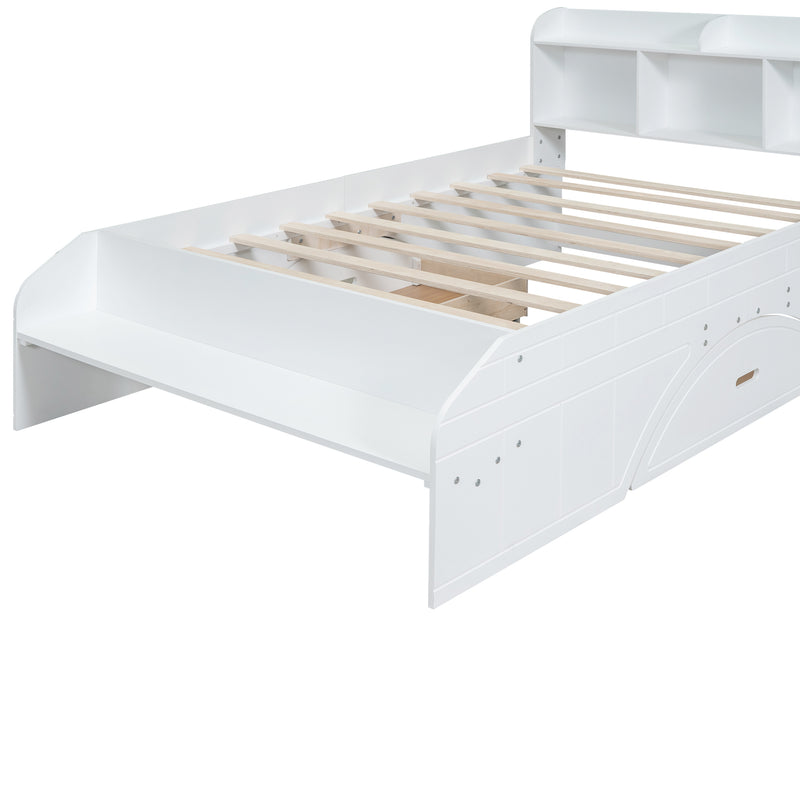 Wood Full Size Platform Bed with 2 Drawers, Storage  Headboard and Footboard, White