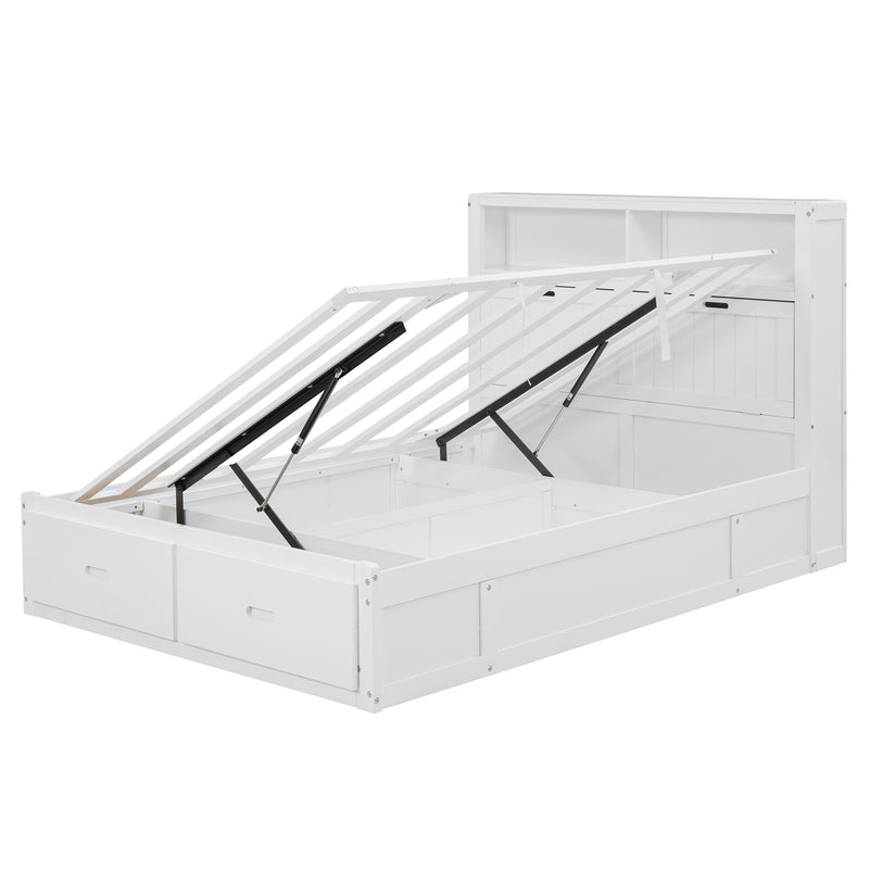 Wood Full Size Hydraulic Platform Bed with Storage LED Headboard, Charging Station and 2 Drawers, White