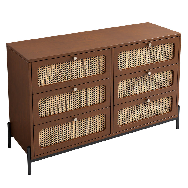 Modern Cannage Rattan Wood Closet 6 Drawer Dresser Wood Storage Cabinet Sideboard For Bedroom, Living Room, Entryway, Hallway