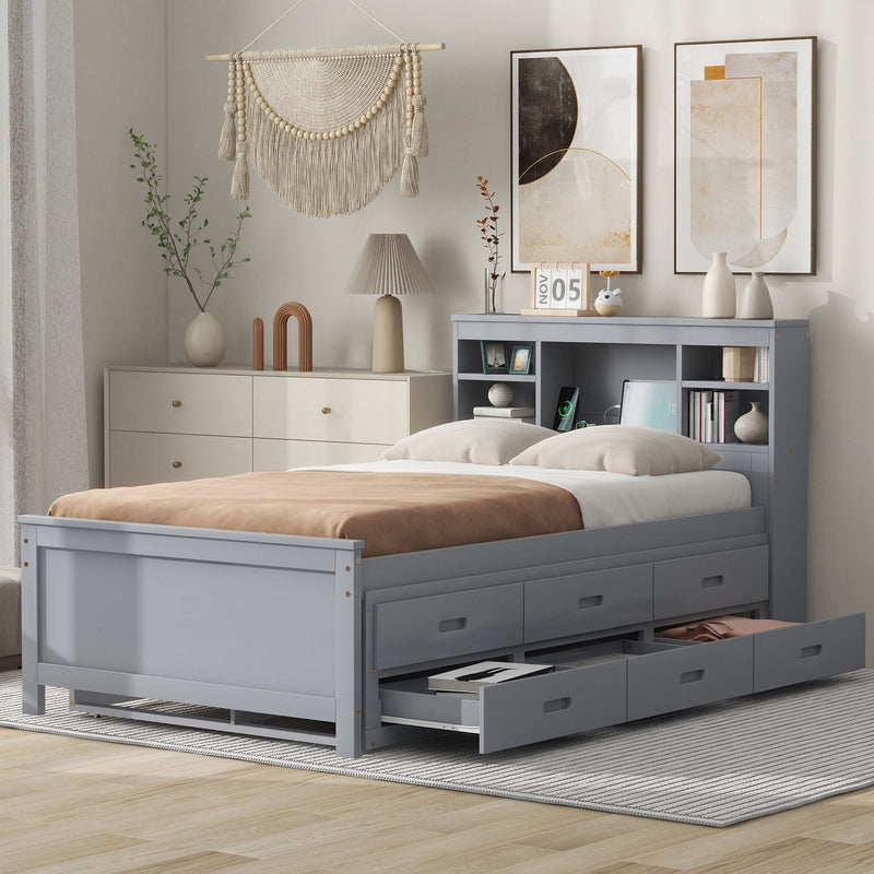 Twin Size Platform Bed with Storage Headboard, USB, Twin Size Trundle and 3 Drawers, Gray