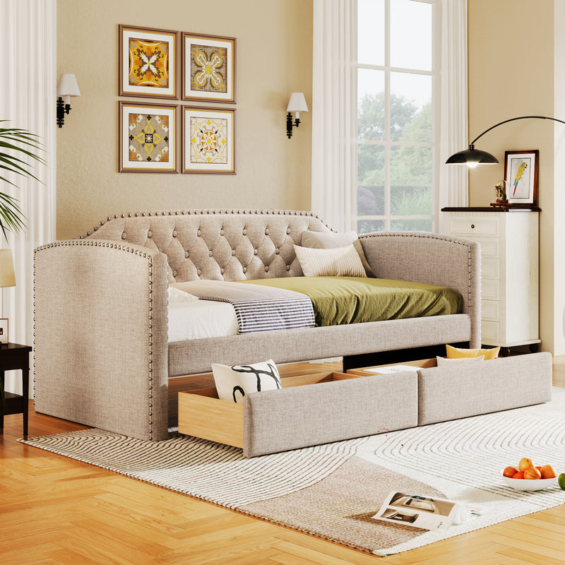 Twin Size Upholstered Daybed with Drawers for Guest Room, Small Bedroom, Study Room, Beige