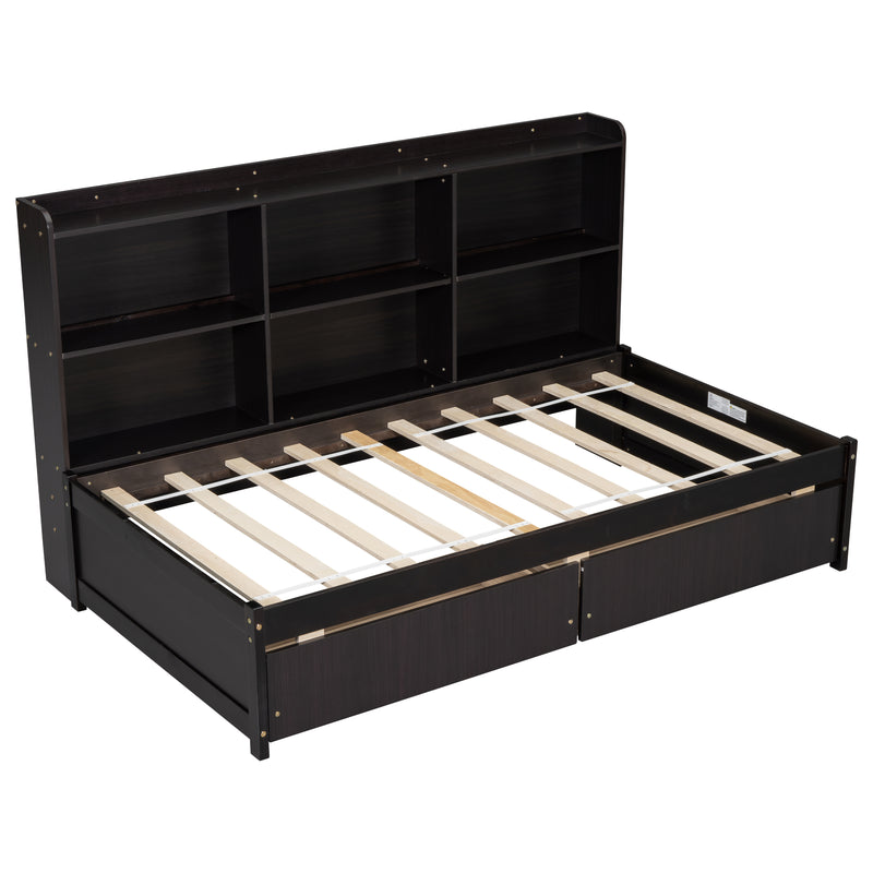 Twin Bed with Side Bookcase, Drawers ,Espresso