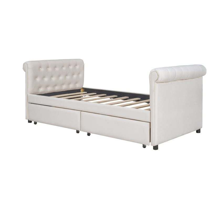 Twin Size Upholstered Daybed With Drawers, Wood Slat Support - Beige