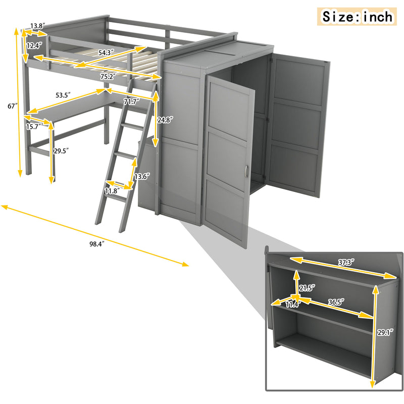 Full Size Loft Bed With Desk, Shelves And Wardrobe - Gray