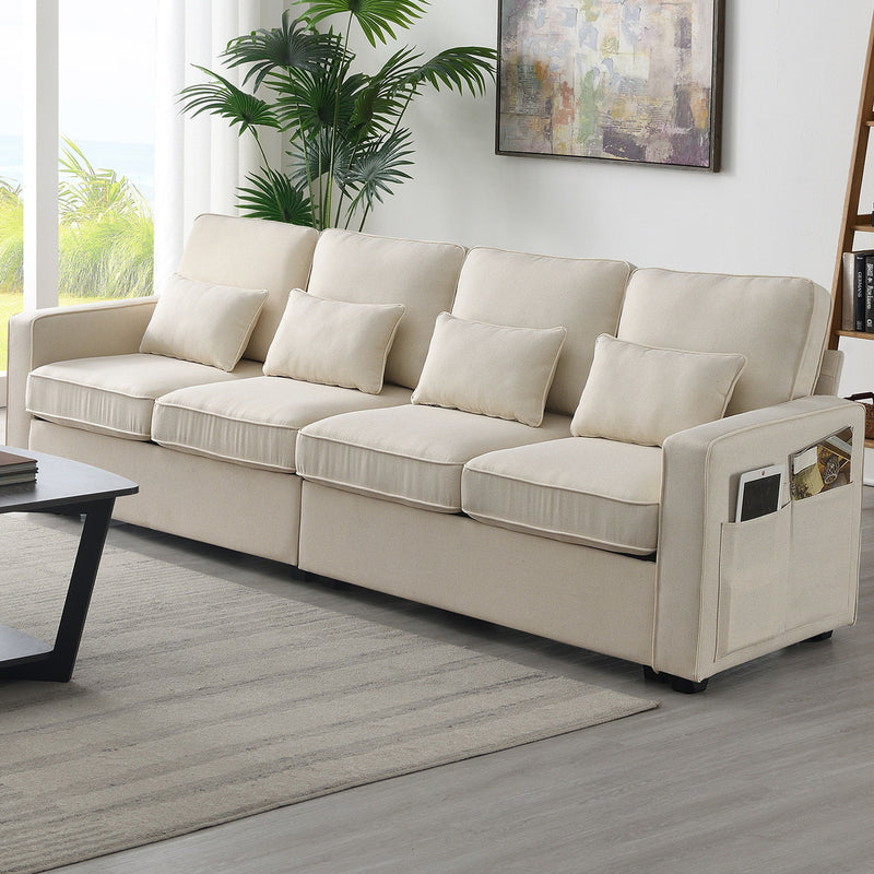 4 Seater Modern Linen Sofa With Armrest Pockets And 4 Pillows, Minimalist Style Couch For Living Room