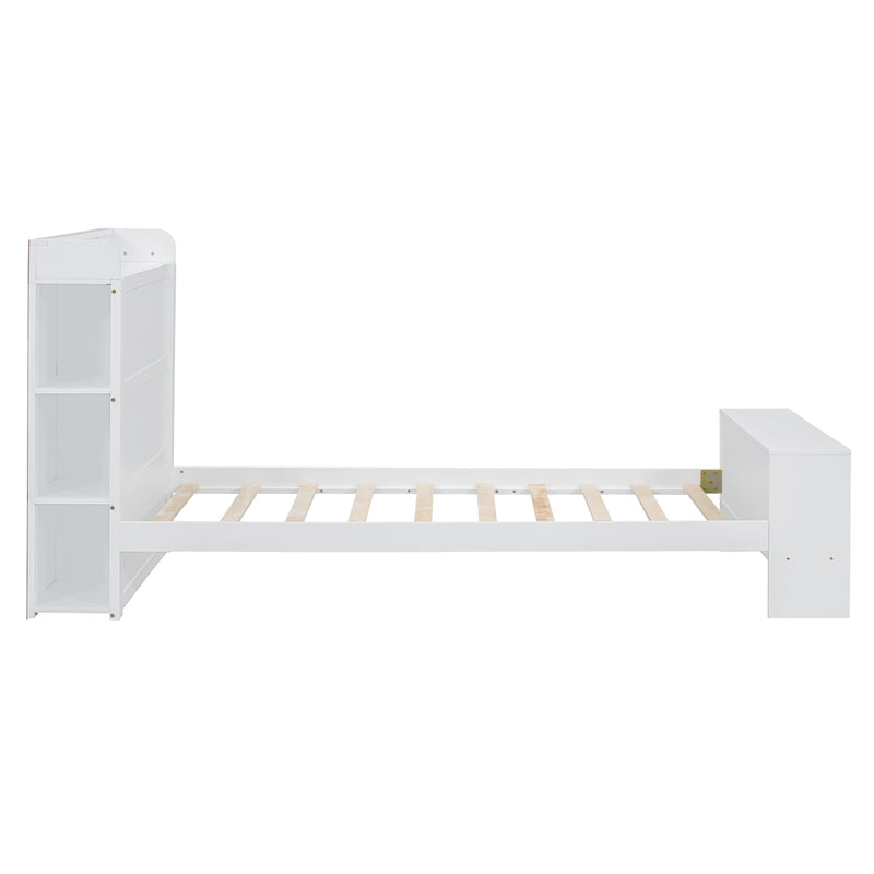 Twin Size Platform Bed with built-in shelves, LED Light and USB ports, White