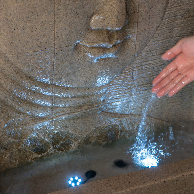 High Sandstone Buddha Fountain, Indoor Outdoor Water Fountain With Light - Beige