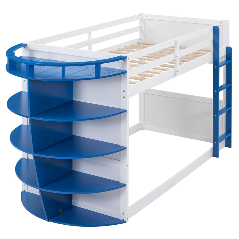 Twin over Twin Boat-Like Shape Bunk Bed with Storage Shelves, White+Blue