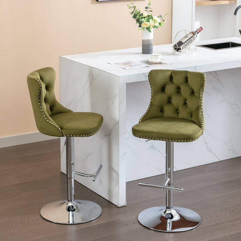 Swivel Velvet Barstools Adjusatble Seat Height From 25-33", Modern Upholstered Chrome Base Bar Stools With Backs Comfortable Tufted For Home Pub And Kitchen Island (Set of 2)