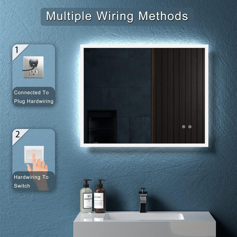 30" W x 24" H Modern Wall Mounted LED Backlit Anti-Fog Rectangular Bathroom Mirror With Us Standard Plug, Temperature Adjustable And Memory Function Touch Switch - White