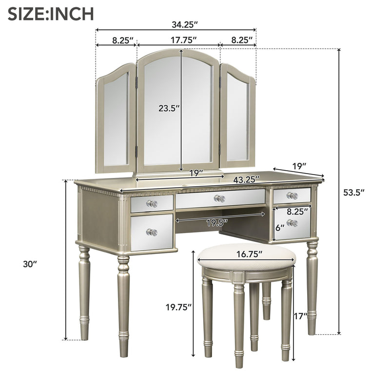 Dressing Table Set With Mirrored Drawers And Stool, Tri-Fold Mirror, Makeup Vanity Set For Bedroom