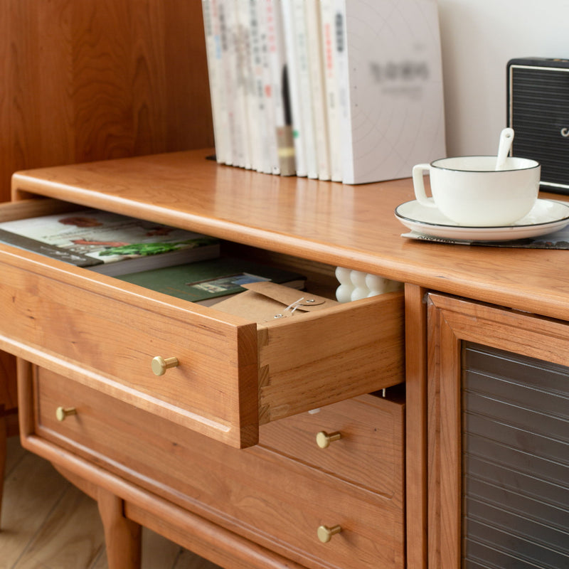 TV Cabinet With Chinese Changhong Glass Doors, Two Drawer Storage Space TV Standing - Cherry