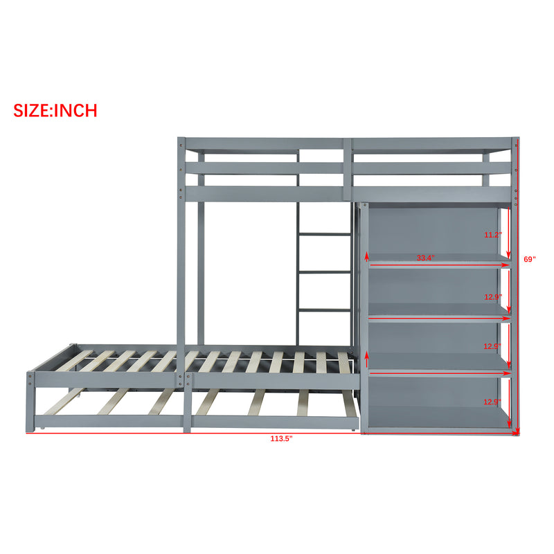 Twin-over-twin Bunk Bed with Wardrobe, Drawers and Shelves, Gray