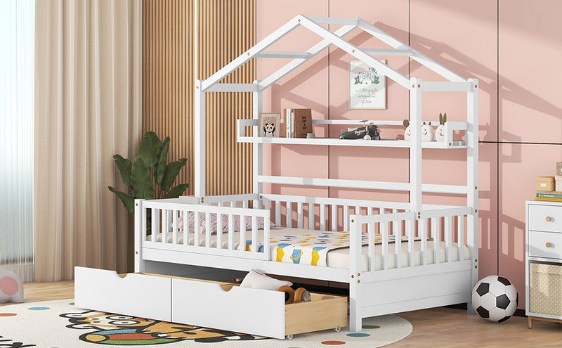 Wooden Twin Size House Bed with 2 Drawers,Kids Bed with Storage Shelf, White