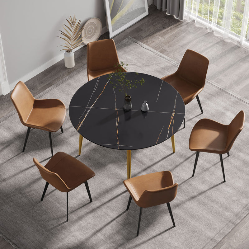 Modern Artificial Stone Round Dining Table With Golden Metal Legs, Can Accommodate 6 People - Black