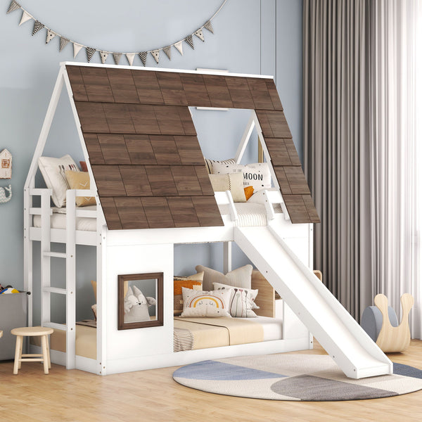 Wood Twin Size House Bunk Bed With Roof, Ladder And Slide - White / Brown