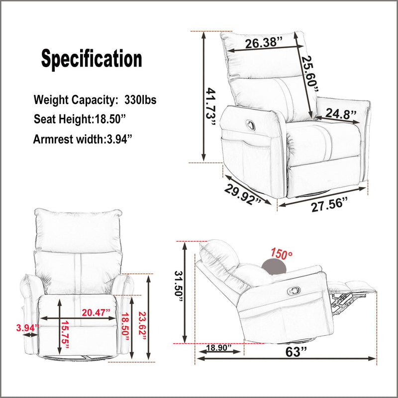 Rocking Recliner Chair, 360 Degree Swivel Nursery Rocking Chair, Glider Chair, Modern Small Rocking Swivel Recliner Chair For Bedroom, Living Room Chair Home Theater Seat, Phone Holder