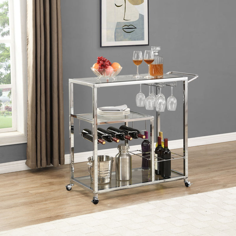 Contemporary Chrome Bar Serving Cart Tempered Glass Metal Frame Wine Storage (Silver) - Silver