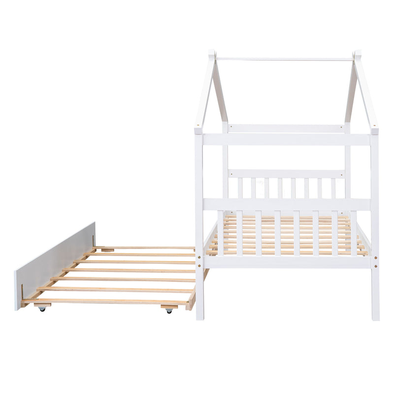 Twin Size Wooden House Bed With Twin Size Trundle - White