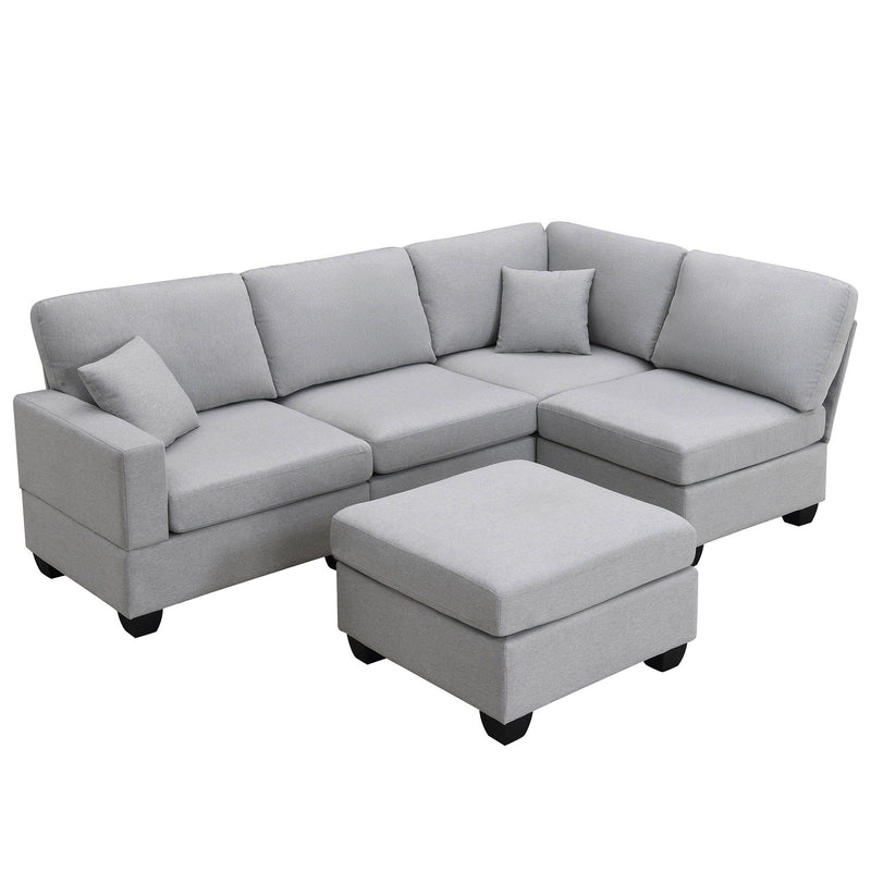 Modern Sectional Sofa, 5-Seat Modular Couch Set With Convertible Ottoman, L-Shape Linen Fabric Corner Couch Set With 2 Pillows For Living Room, Apartment, Office