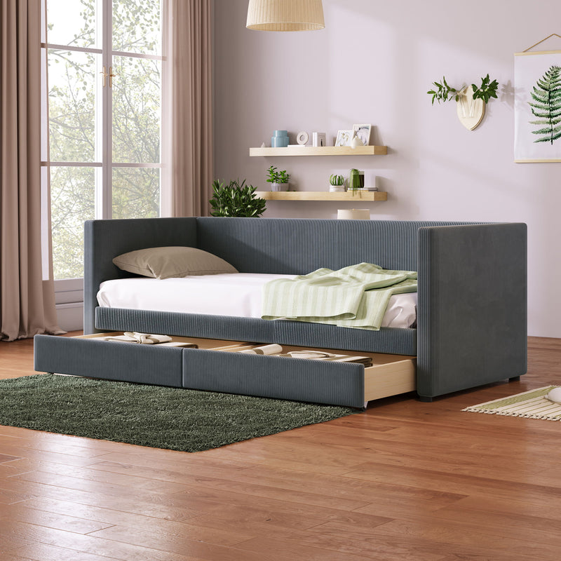 Twin Size Corduroy Daybed With Two Drawers And Wood Slat