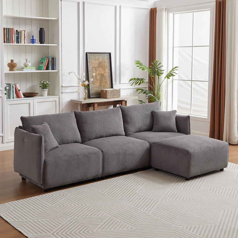 Multi-Module Combination Style Sofa For Living Room, Bedroom And Other Lounge Spaces, Modern Minimalist Corduroy Combination Sofa With 2 Comfort Cushions With USB & C Charging Ports, Two Sets - Gray