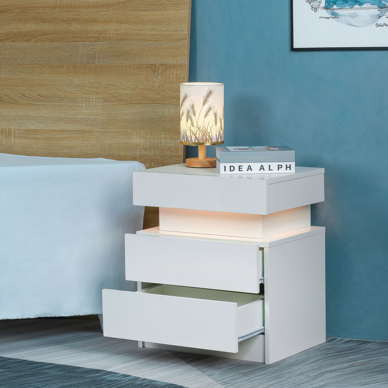 Nightstand With LED Lights Wood LED Bedside Table Nightstand With 2 High Gloss Drawers For Bedroom