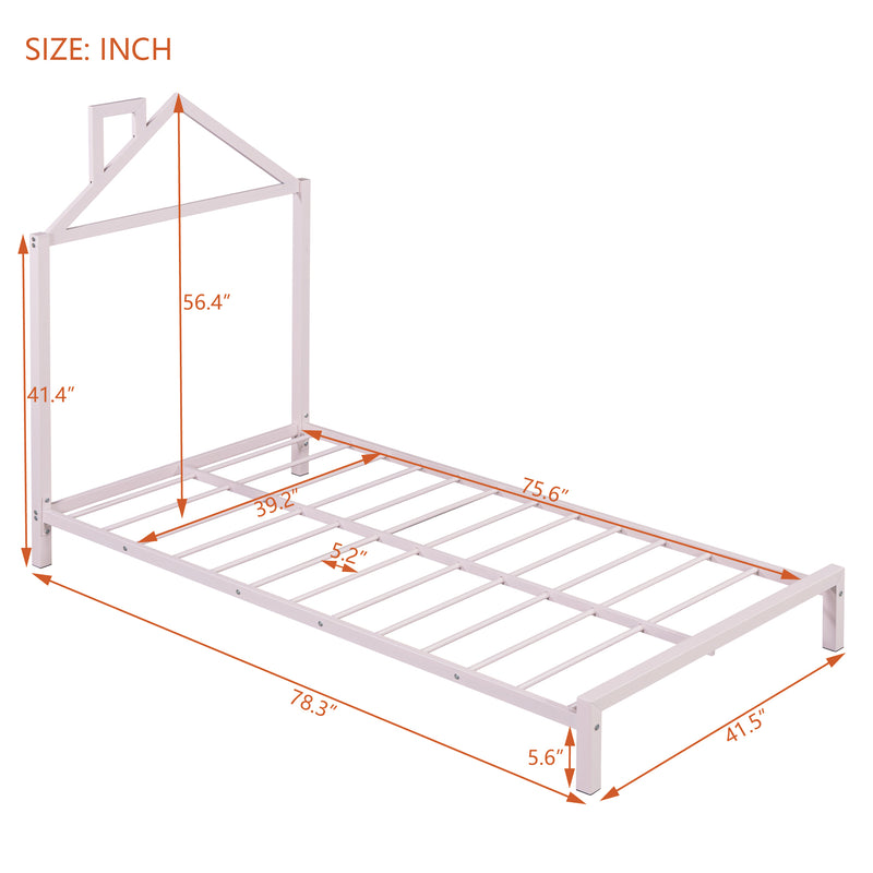 Twin Size Metal Platform Bed with House-Shaped Headboard Design, Pink