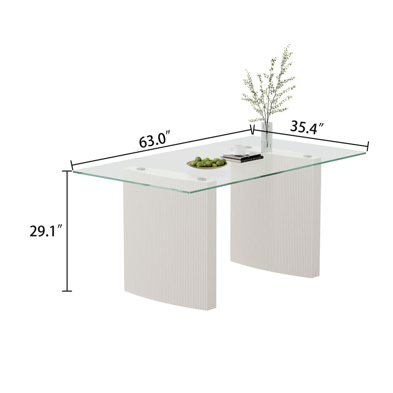 Tempered Glass Top Dining Table With Lacquer Double MDF Pillar - Transparent / White