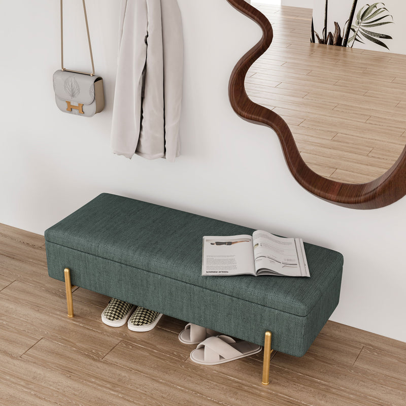 Upholstered Storage Bench Rectangular Ottoman Entryway Bench Storage Chest With Padded Seat Bed End Stool For Hallway Living Room Bedroom - Green