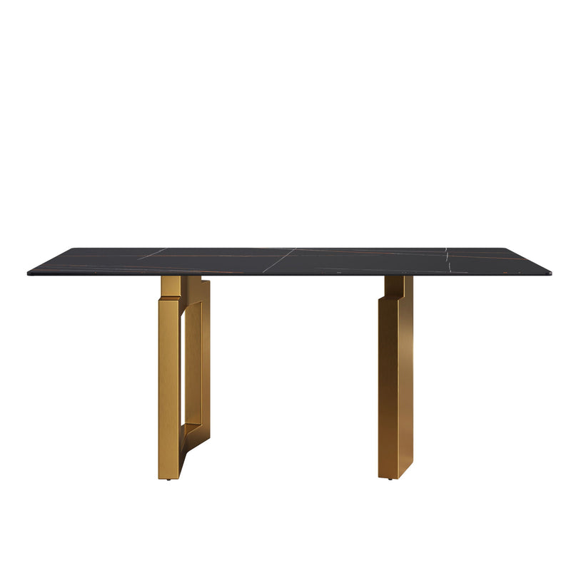 70.87" Modern Artificial Stone Black Straight Edge Golden Metal Leg Dining Table, Can Accommodate 6-8 People - Black / Gold