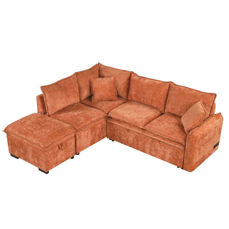 Convertible Sofa Bed Sectional Sofa Sleeper L-Shaped Sofa With A Storage Ottoman, Two Pillows, Two Power Sockets And Two USB Ports For Living Room